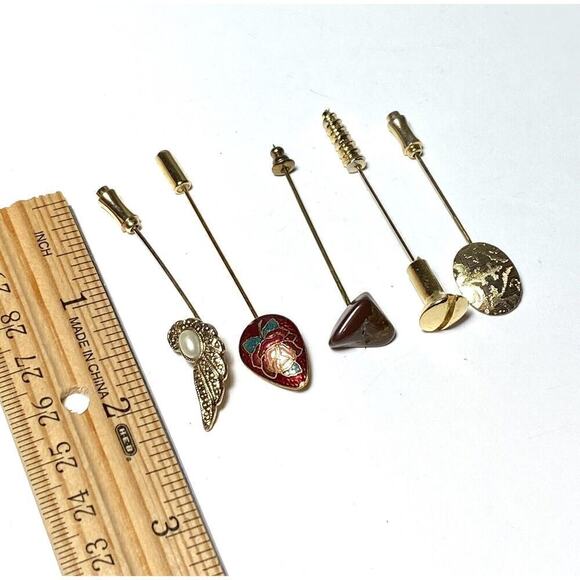 Stick Pins Lot of 7 Vintage Gold Tone Silver Tone Cloisonné Bolt Flower Stone - Picture 7 of 11